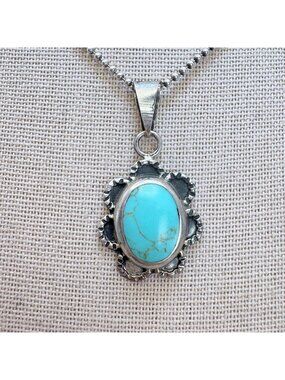 Turquoise & Sterling Silver 925 Bezel Set Pendant Necklace Size 24" Length